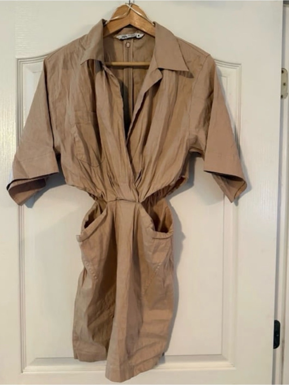 Zara XL Linen Blend Cutout Mini Dress Collared V Neck Stretchy Tan Neutral